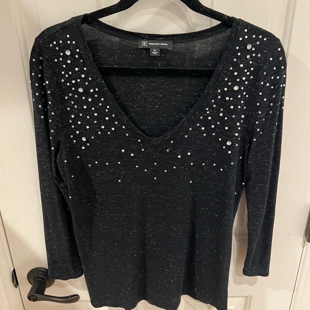 INC Black Sheer Embellished Long Sleeve Top
